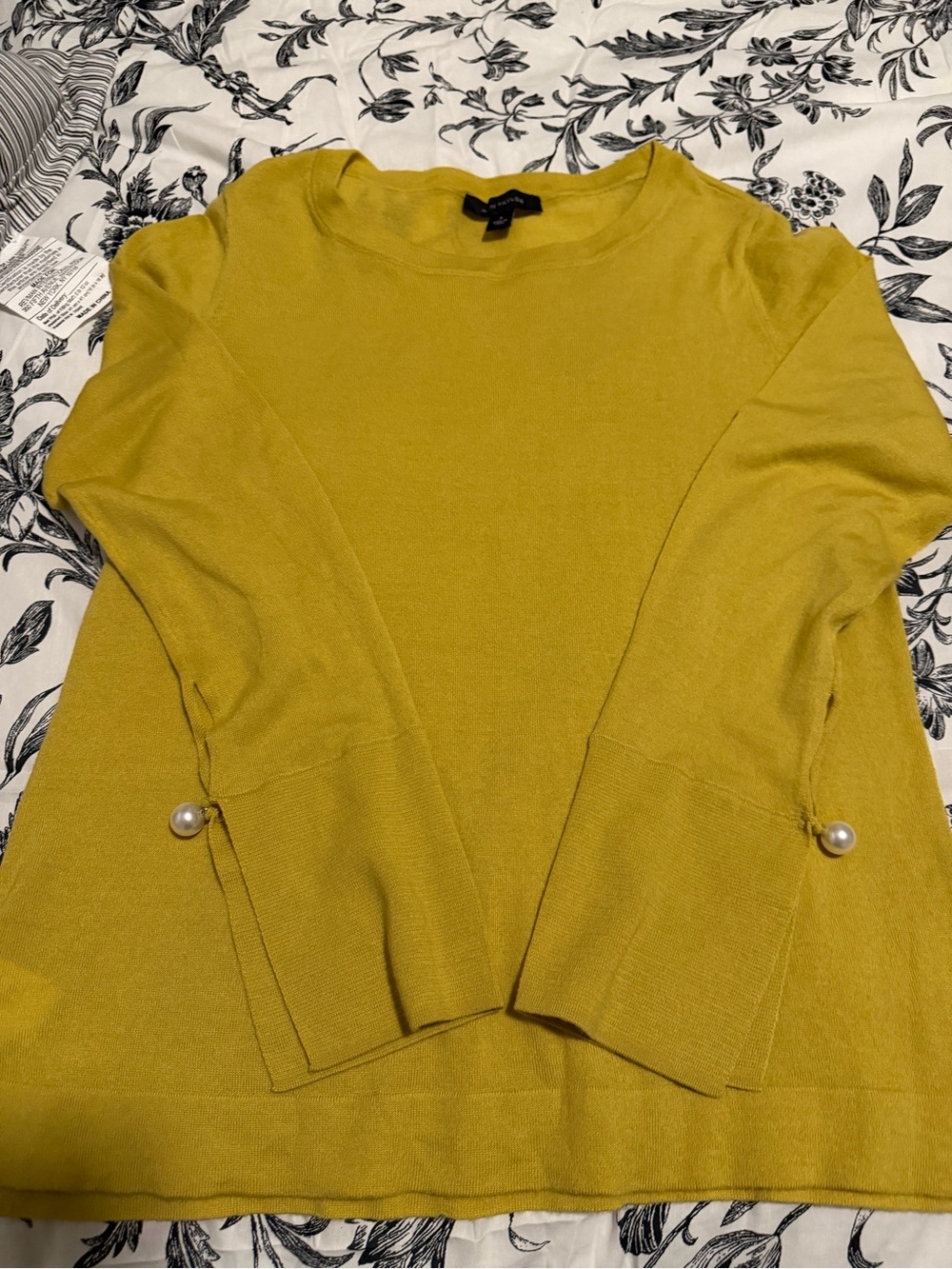 Ann Taylor Yellow Crewneck Sweater with Pearl Sleeve Tabs